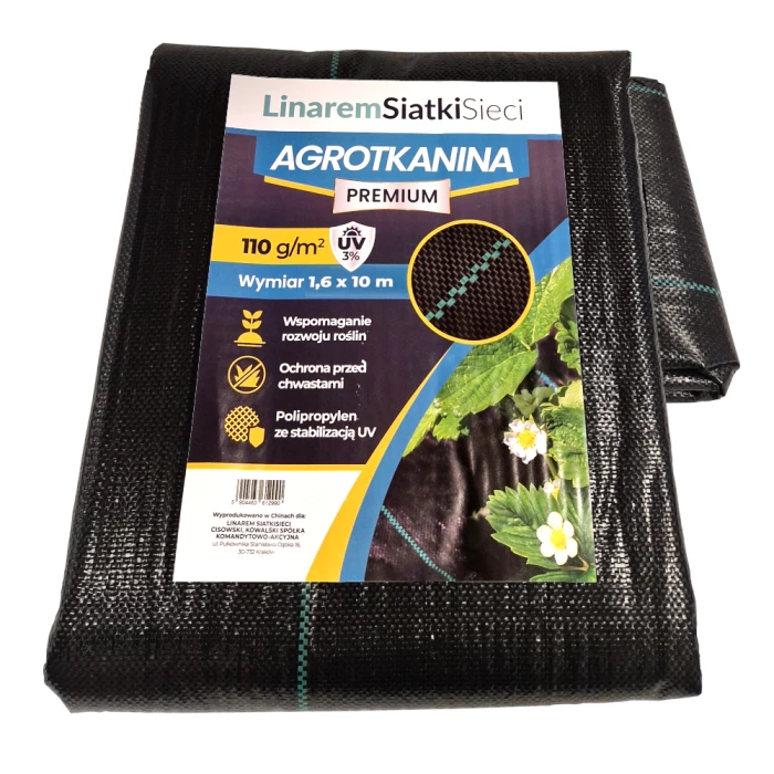 Agrotkanina czarna 110g 1,6x10m Premium. Czarna agrowłóknina ogrodowa z filtrem UV 3%. Linarem SiatkiSieci