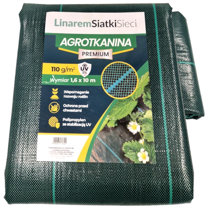 Agrotkanina 110g 1,6x10m Premium. Zielona agrowłóknina ogrodowa z filtrem UV 3%. Linarem SiatkiSieci