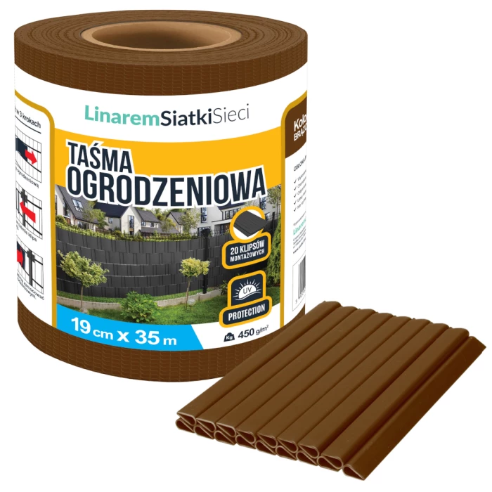 Taśma ogrodzeniowa Linarem PVC 450g/m2. Osłona na ogrodzenie, panele, balkon. Rolka 19cm x 35 m. Kolor brązowy RAL 8011.