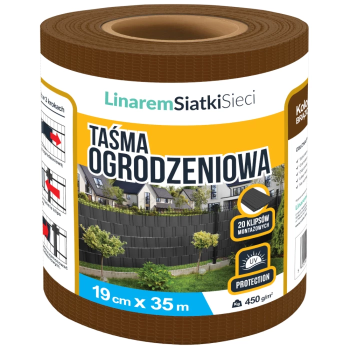 Taśma ogrodzeniowa Linarem PVC 450g/m2. Osłona na ogrodzenie, panele, balkon. Rolka 19cm x 35 m. Kolor brązowy RAL 8011.